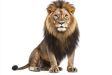 A lion (Panthera leo), aged 8, sits in front of a plain white background. Stock photo.