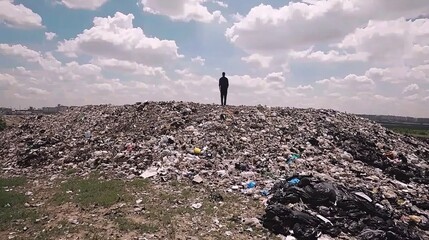 A solitary figure stands on a mountain of garbage, reflecting on environmental issues under a cloudy sky.