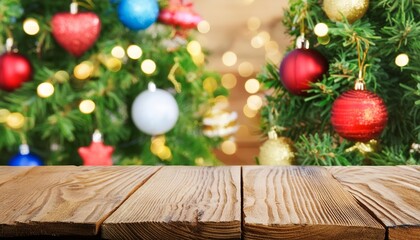 Empty Wooden Table with Christmas Theme in Background A Serene Holiday Setting Perfect for Festive Gatherings and Cozy Family Moments, Ideal for Seasonal Decor Ideas and Holiday Inspiration.