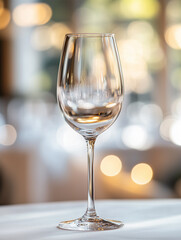 Empty glass of champagne on a table with blurred light background - ai generative