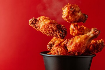 Dynamic shot of crispy fried chicken falling, golden crust highlighting the movement and texture of the dish