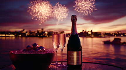 Champagne bottle and glasses with blurred fireworks background - ai generative