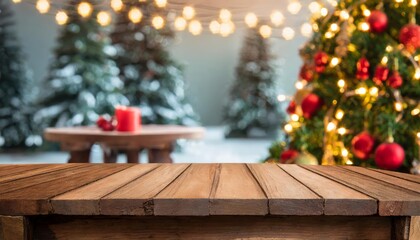 Empty Wooden Table with Christmas Theme in Background A Cozy and Inviting Setting for Holiday Gatherings, Featuring Festive Decorations, Warm Lighting, and Seasonal Cheer for Your Celebrations