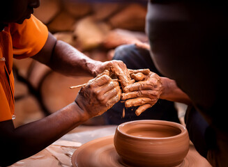 Close-up view of two hands expertly shaping wet clay on a pottery wheel, showcasing the collaborative process of crafting a clay pot.  The scene is filled with earthy tones and textures.