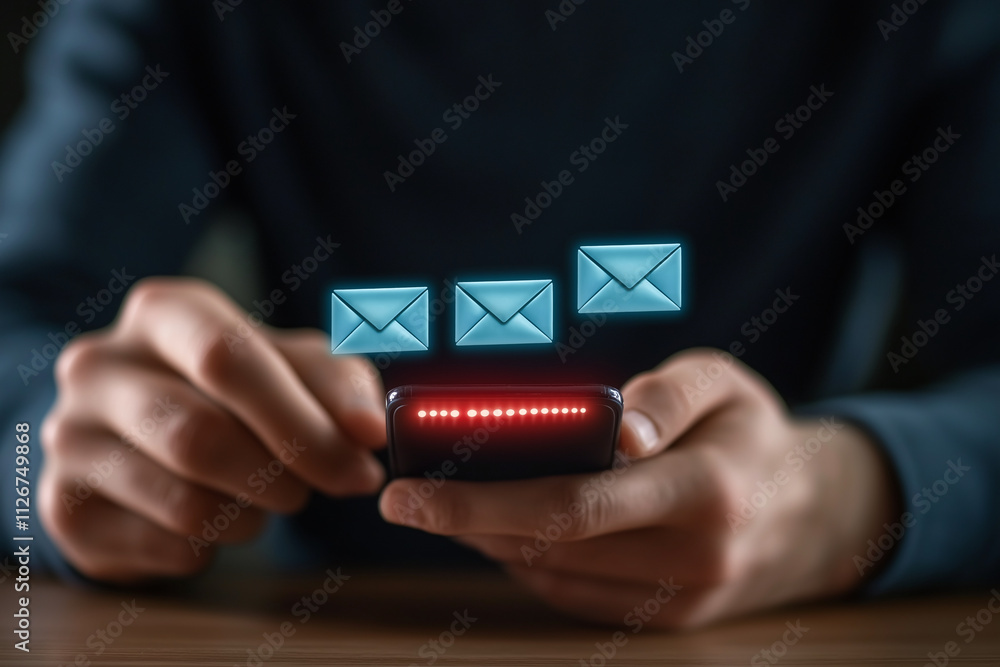 Poster person using smartphone to check emails, with notifications appearing on screen. scene conveys sense