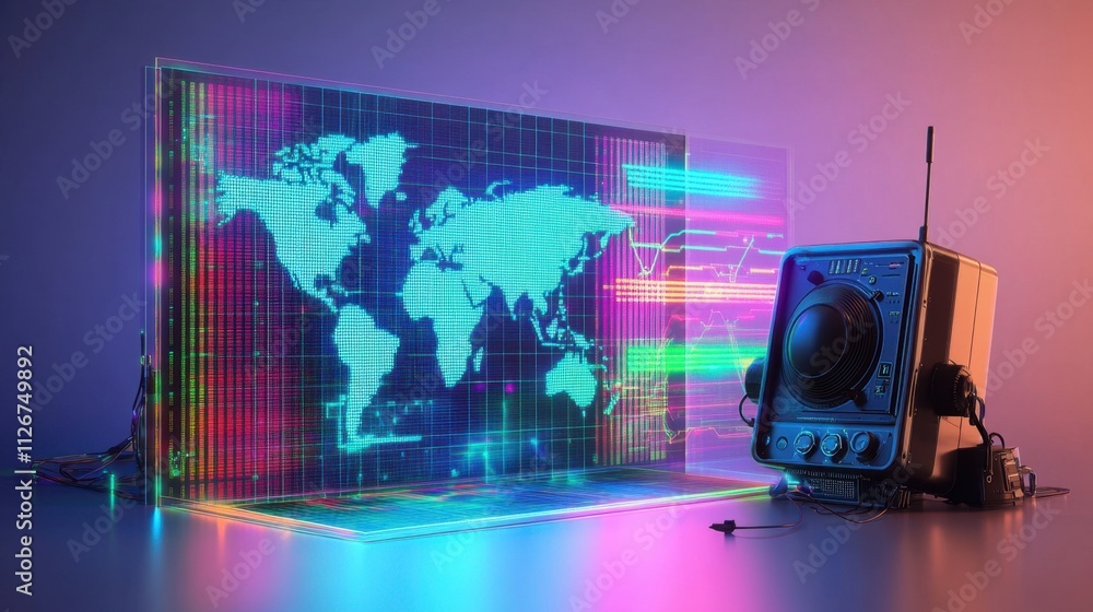 Poster retro radio meets futuristic global network: a visualization of worldwide communication and data tra
