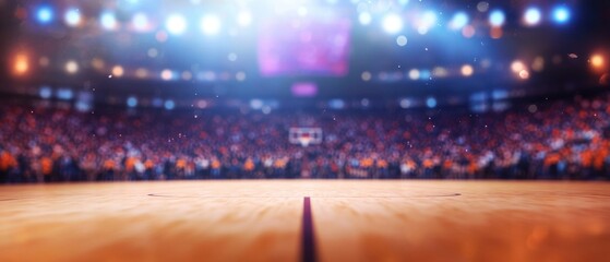 Dramatic Basketball Arena: Center Court View with Blurred Crowd and Bright Lights
