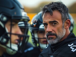 Determined american football coach leading his team to victory