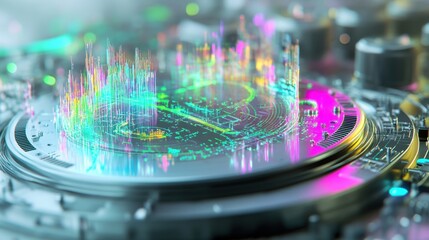 Abstract Futuristic Technology Data Visualization Hologram Display on a Circular Platform with Neon Color  Digital Signals and Circuitry