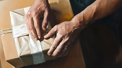 Obraz premium Hands Carefully Wrapping A Brown Gift Package