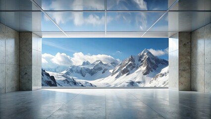 Modern architectural design featuring panoramic snowy mountain view