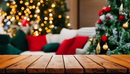 Cozy Empty Wooden Table Top Surrounded by Abstract Warm Living Room Decor Featuring a Beautifully Adorned Christmas Tree with String Lights for a Festive Atmosphere
