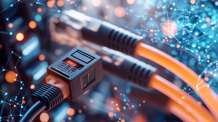 Close up of data cables and network switch, showcasing vibrant connections and technology. image highlights intricate details of networking equipment and cables
