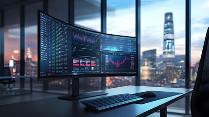 Modern Workplace Featuring a Curved Monitor Displaying Financial Data