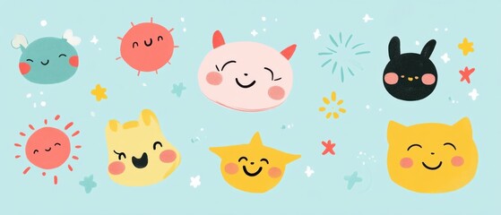 Fototapeta premium Delightful Collection of Cute Cartoon Animals and Happy Faces