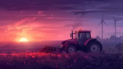 Obraz premium Red tractor plows field at sunset, blending agriculture with solar panels and wind turbines