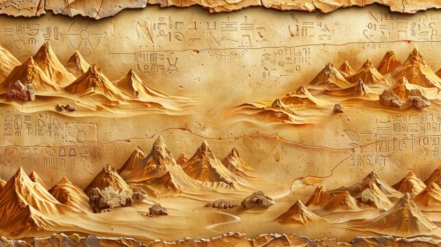 Ancient desert map with hieroglyphs, mountains, and routes.
