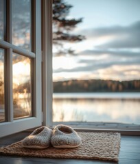 Knitted slippers by open window overlooking tranquil lake at sunset, relaxing peaceful scene with...