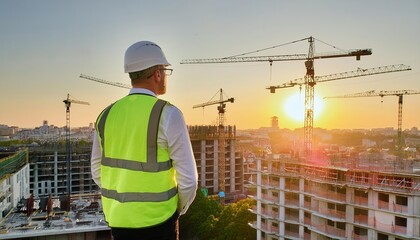 Engineer in Protective Gear Overlooks Construction Site from Above, Ensuring Safety and Precision in Project Management and Development