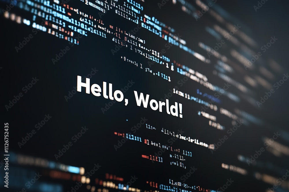 Poster hello world code displayed on screen