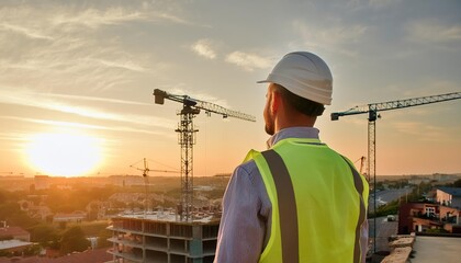 Engineer in Protective Gear Observing Construction Site from Above Safety First with Yellow Vest and Hard Hat