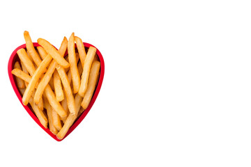 French Fries in Red Heart-Shaped Bowl Isolated on White

