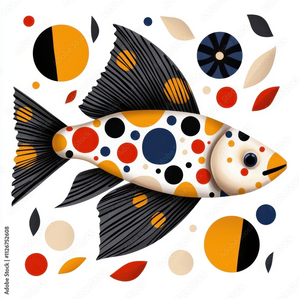 Poster vibrant fish design with colorful dots and abstract elements on white background