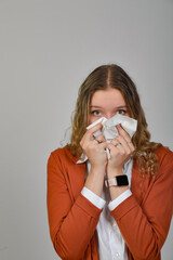 frau, nase, grippe, erkältung, krank, niesen, allergie, gewebe, taschentuch, erkrankung, ill,...