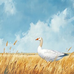 A lone snow goose stands in a golden wheat field under a bright summer sky.
