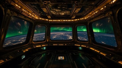 Astronaut's view of aurora borealis from space station cupola.