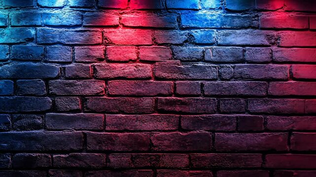 Brick wall with red and blue neon light, urban nightlife aesthetic