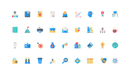 Strategy, tactics, office process of employee in corporate company color icon set. Work with document and email, coffee break and busy time, hierarchy of enterprise flat elements vector illustration