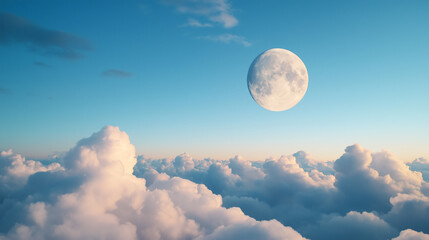 serene night sky features full moon illuminating fluffy clouds, creating tranquil atmosphere. soft blue hues enhance peaceful scene, inviting contemplation and wonder