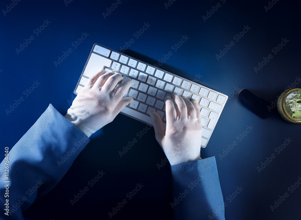 Poster Overhead view of gloved hands typing on a white keyboard in low-light,  beside a small, dark object.  The scene suggests secrecy or careful work.