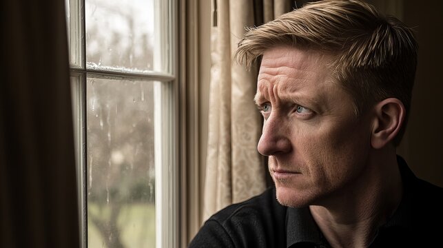 Thoughtful Caucasian man gazing out the window on a rainy day, reflecting deep emotions and contemplation.
