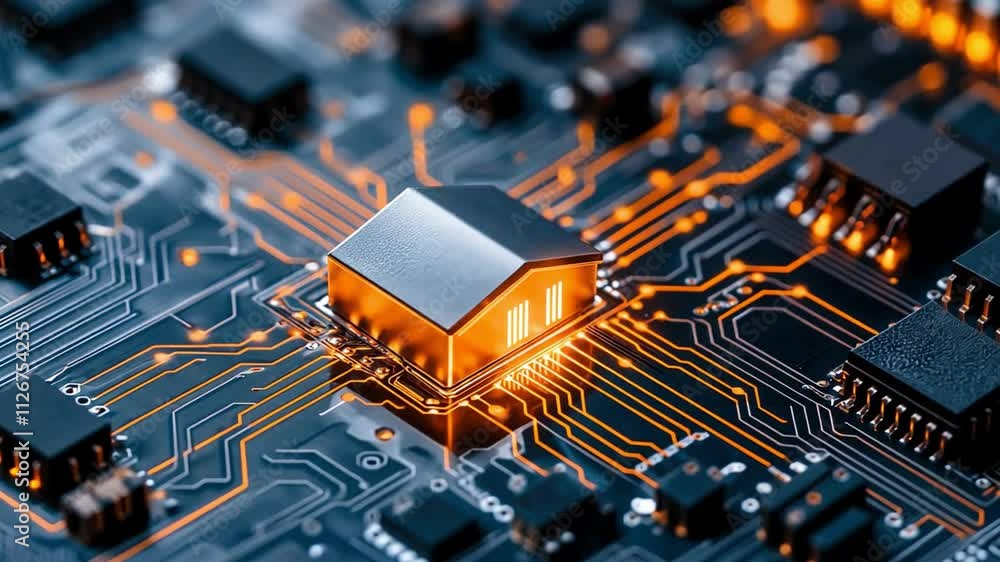 Poster detailed close-up of a microchip with intricate circuitry and glowing elements.