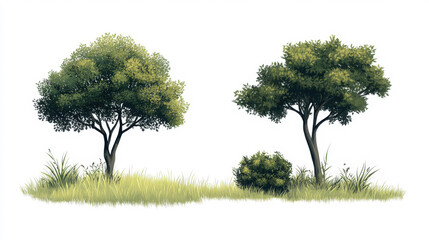 Fototapeta premium Digital Illustration of Two Stylized Trees and Shrub Surrounded by Lush Green Grass Ideal for Nature or Landscape Design Projects