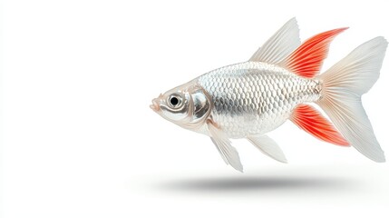 Obraz premium Graceful silver fish with vibrant red fins swimming against a clean white background
