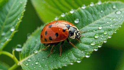 Fototapeta premium Close-up of a ladybug crawling on a fresh green leaf, with morning dew droplets and soft, natural lighting