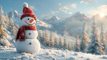 Obraz premium Cheerful snowman in red hat and scarf against snowy mountain backdrop.
