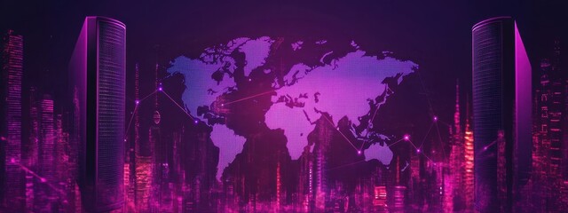  advanced technology and global interconnectedness through a futuristic city skyline and a world map, representing the digital age and international collaboration.