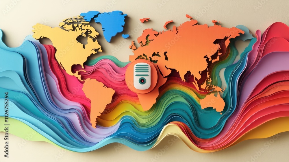 Poster global communication network: colorful world map with microphone icon illustrating worldwide connect
