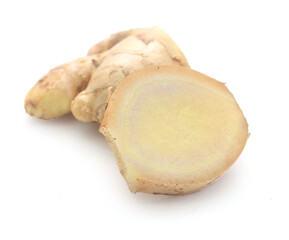 Sliced fresh ginger root isolated on white background,Craiova,Romania - stock photo
