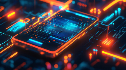 Fototapeta premium A digital phone icon glowing with neon circuits, representing online customer service, telecom analytics, and real-time communication tools. 