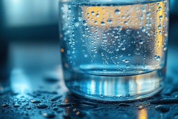 macro shot of condensation on glass of cold water softly glowing under natural light surrounded by copy space