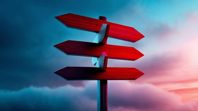 Colorful directional signpost against a dramatic sky, vibrant and eye-catching design.