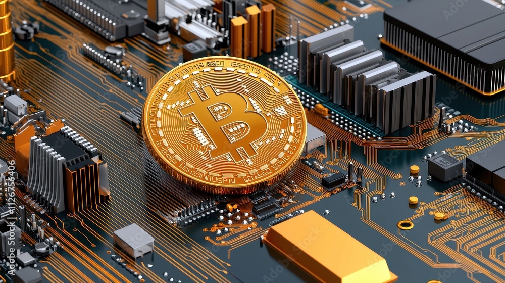 Poster golden bitcoin on circuit board with digital elements representing cryptocurrency technology