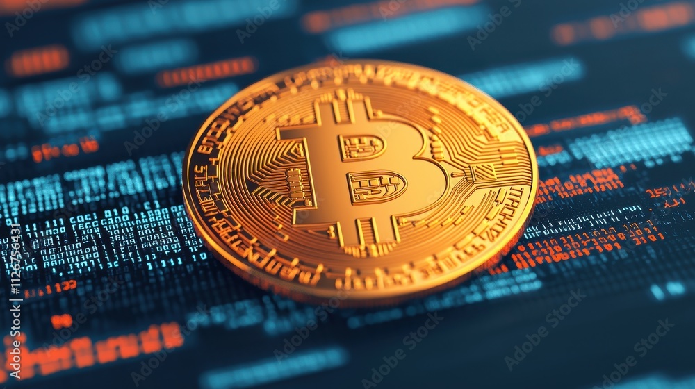 Poster golden bitcoin coin on digital background with cryptocurrency data and black interface