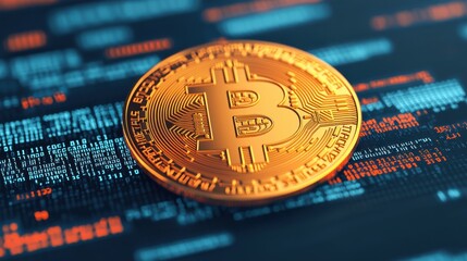 Golden Bitcoin Coin on Digital Background with Cryptocurrency Data and Black Interface