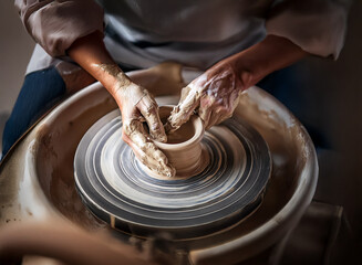 Close-up view of hands shaping clay on a pottery wheel.  The clay is wet and the potter's hands are covered in it, showing the process of creation.
